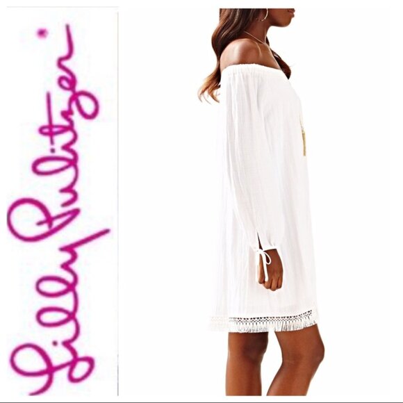LILLY PULITZER WHITE ADIRA OFF SHOULDER LONG SLEEVE FRINGE MINI DRESS SZ: S - Picture 4 of 10